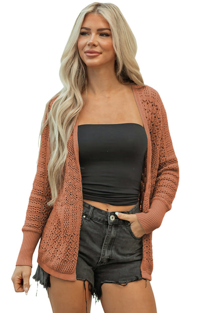 Solid Hollow Knit Open-Front Cardigan