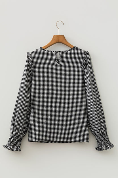 Gingham Shirred Cuff Long Sleeve Round Neck Blouse