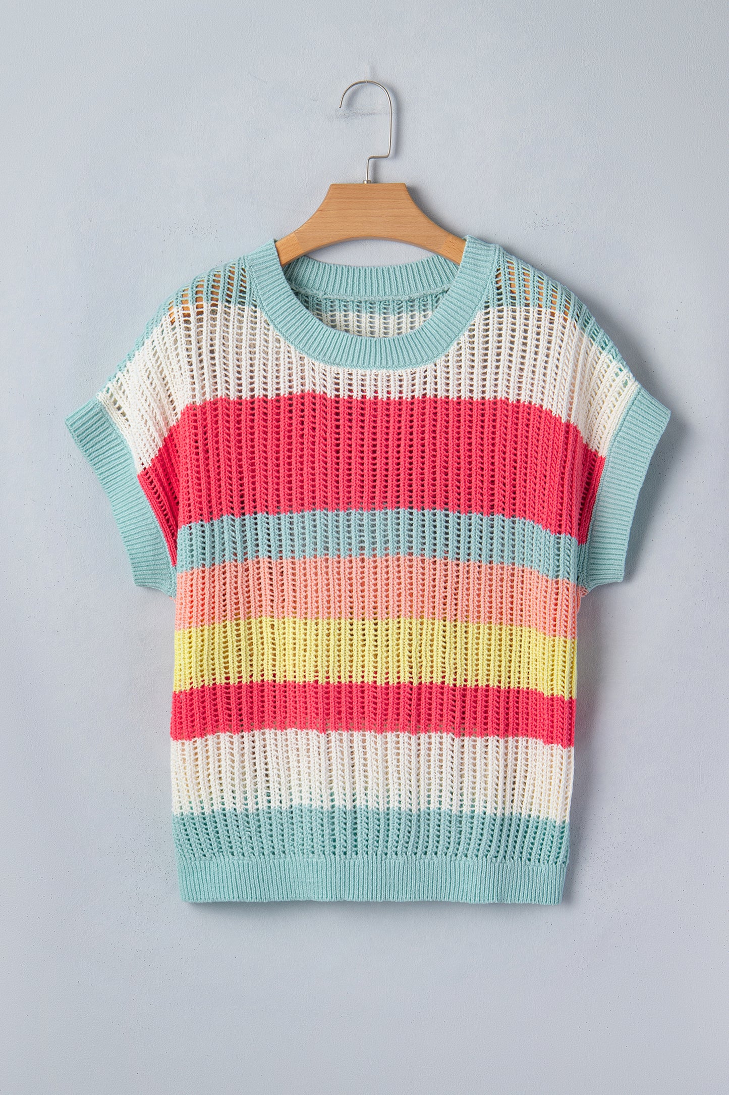 Stripe Colorblock Hollow-Out Short Sleeve Sweater