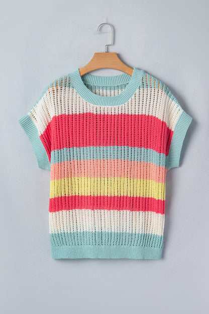 Stripe Colorblock Hollow-Out Short Sleeve Sweater