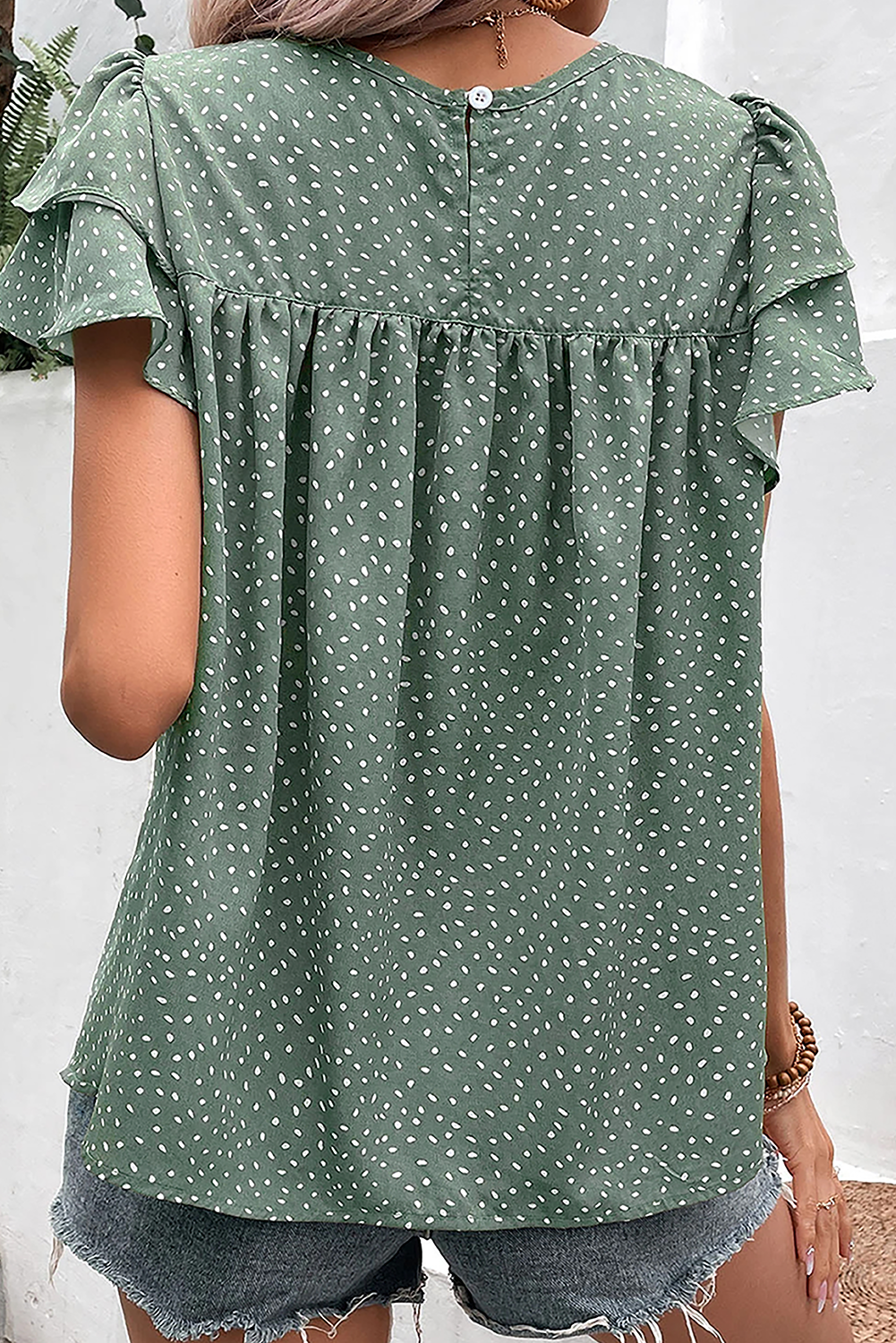 Dotted Ruffle Sleeve Ruched Blouse