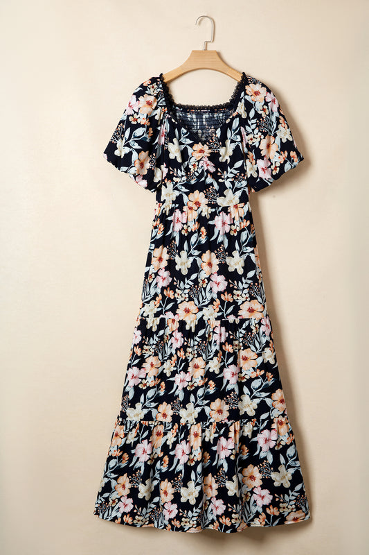 Floral Short Sleeve Smocked High Waist Maxi Dress