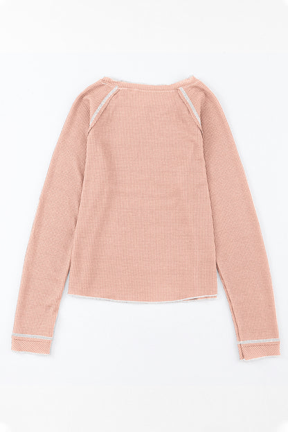 Solid Waffle Knit Round Neck Long Sleeve Top