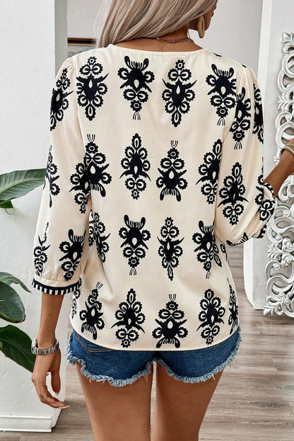 Geometric 3/4 Sleeve V-Neck Blouse