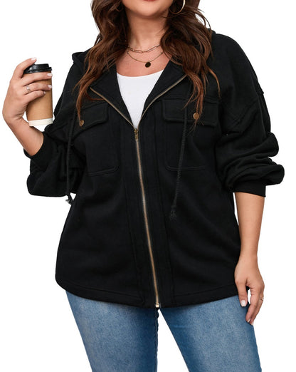 Bishop Sleeve Zip-Up Hooded Jacket Plus Size