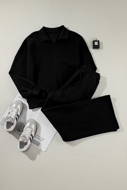 Solid Zip-Up Jacket and Drawstring Pants Set