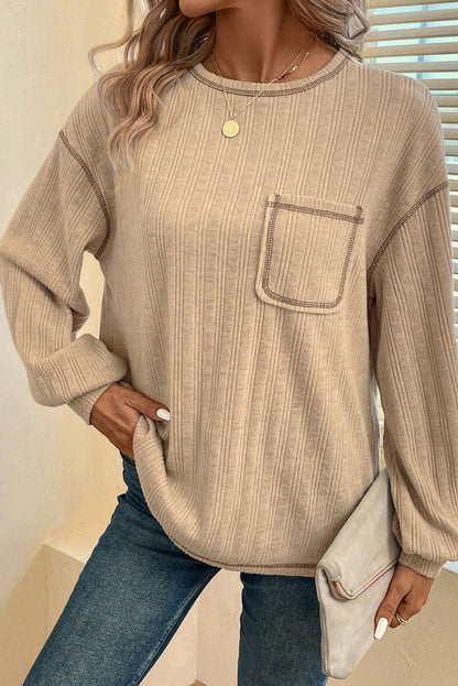 Ribbed Pocketed Long Sleeve Top