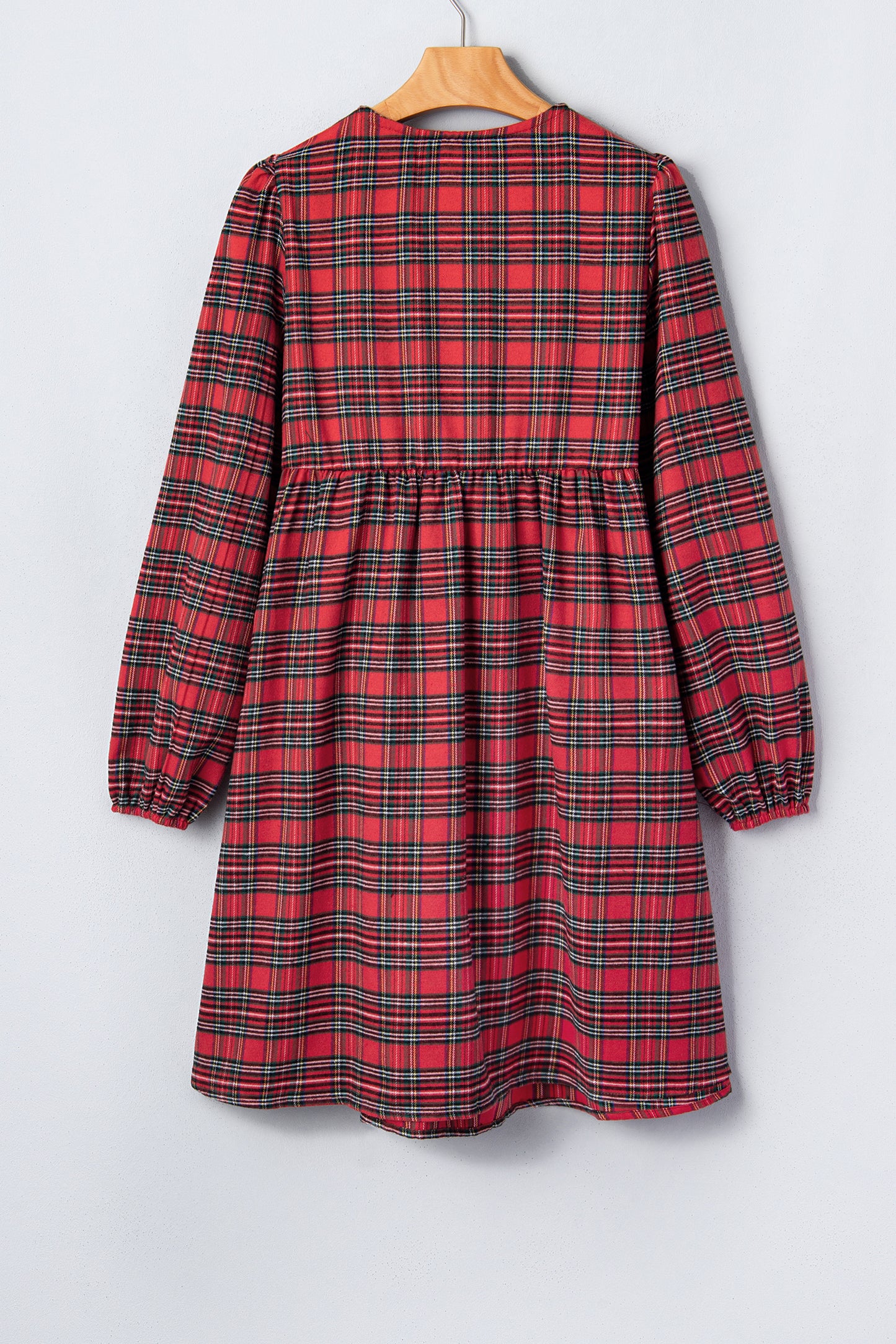 Plaid Bow Tie Front Puff Long Sleeve Dress