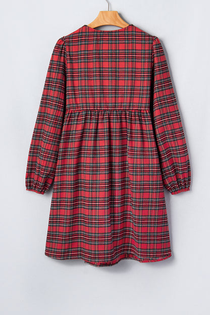Plaid Bow Tie Front Puff Long Sleeve Dress