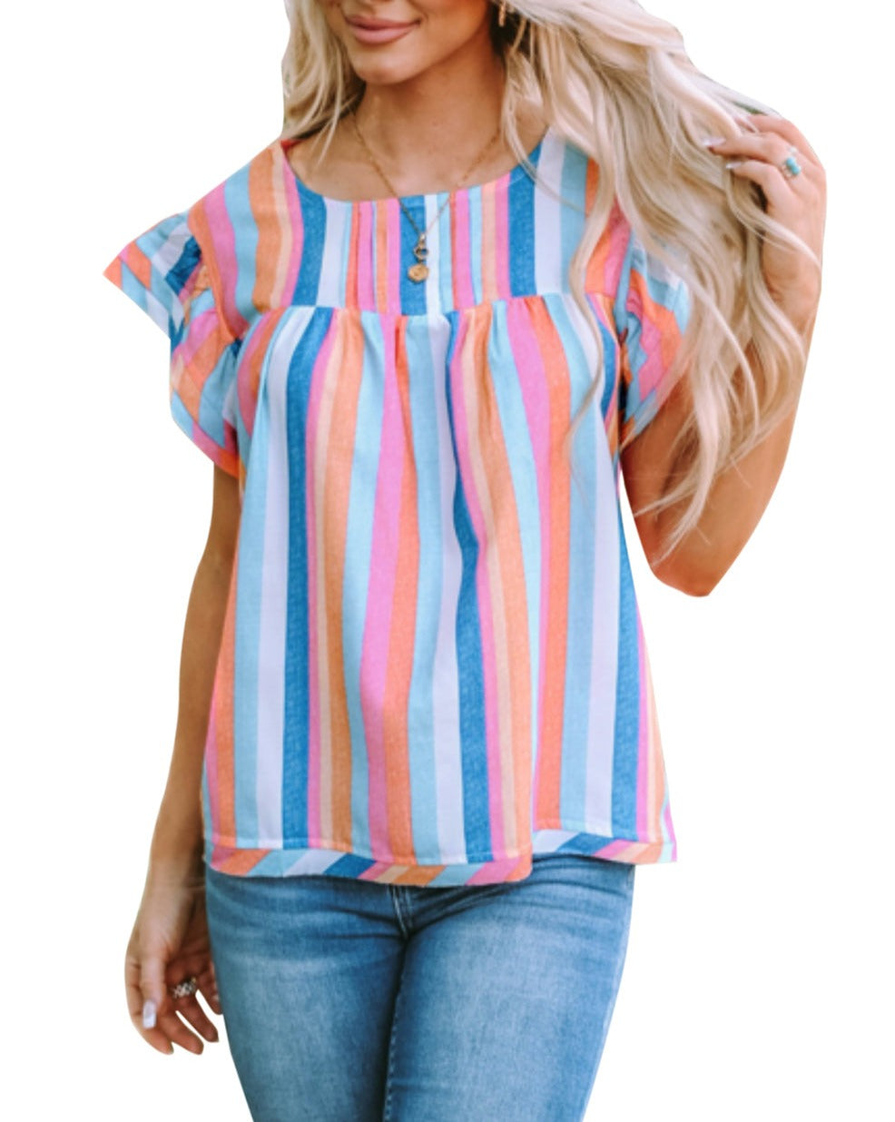 Stripe Ruffle Cap Sleeve Top