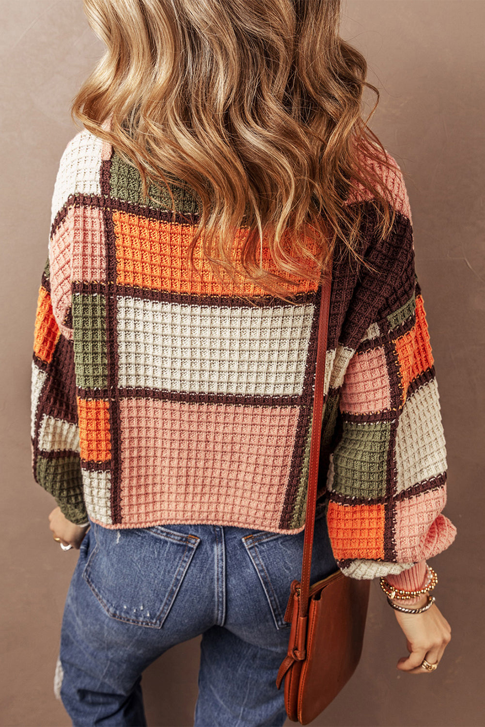 Colorblock Waffle Mock Neck Sweater