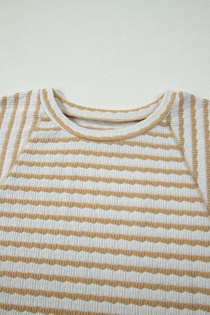 Plus Size Stripe Textured Patchwork 3/4 Sleeve Top