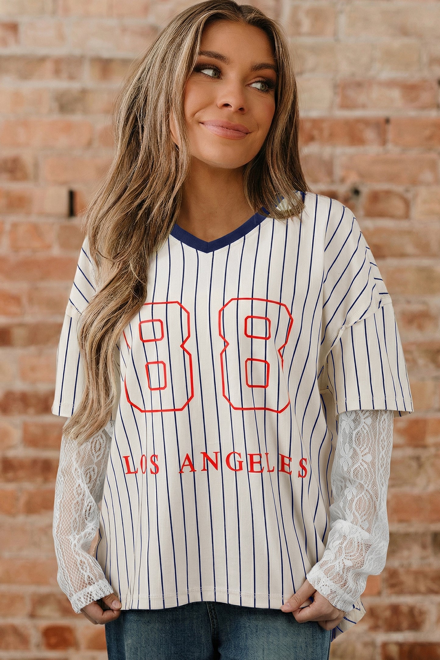 88 LOS ANGELES Stripe Lace Patchwork Top