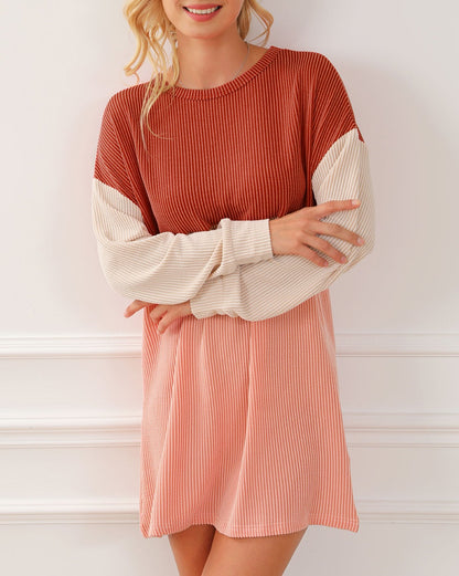 Colorblock Ribbed Long Sleeve Dress