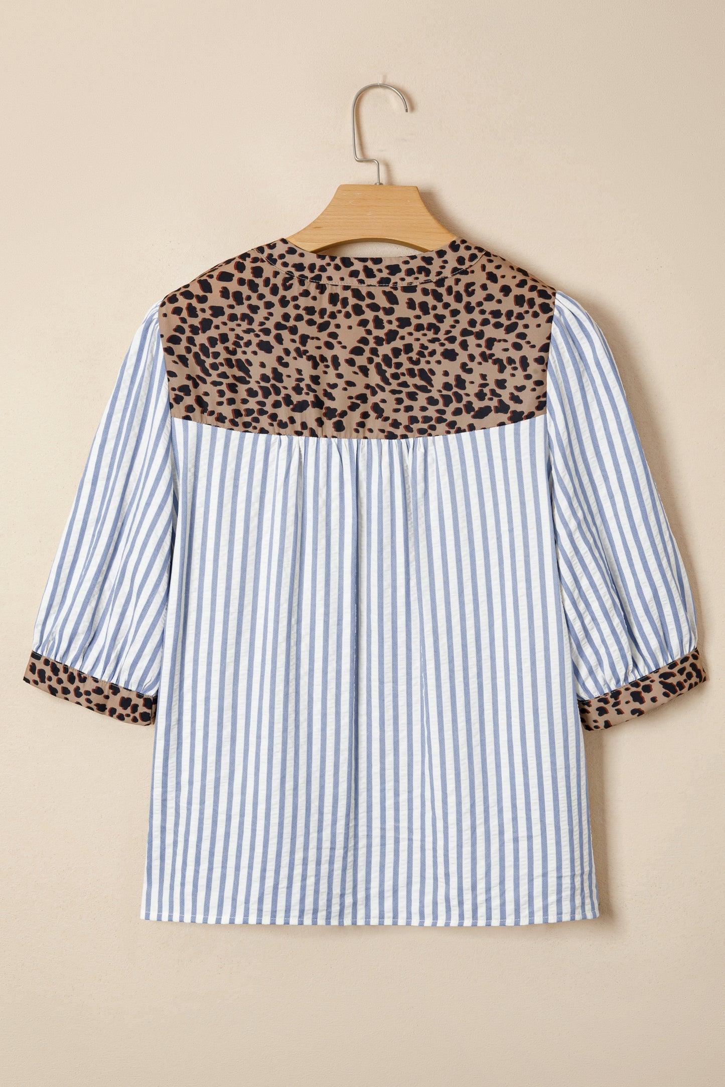 Stripe Leopard Trim V-Neck Buttoned Short Sleeve Shirt