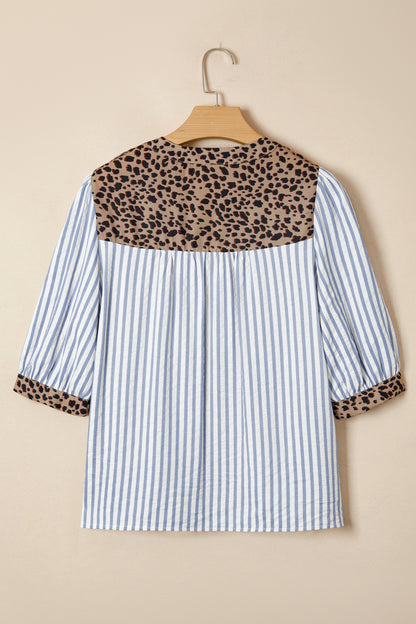 Stripe Leopard Trim V-Neck Buttoned Short Sleeve Shirt