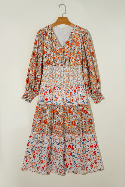Floral V-Neck Ruffle Long Sleeve Midi Dress