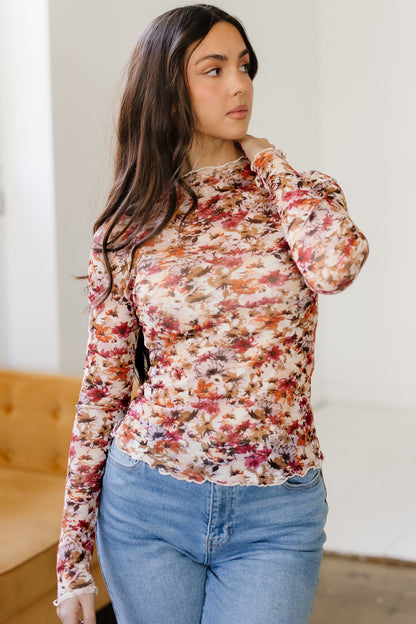 Floral Mesh Lettuce Trim Long Sleeve Top