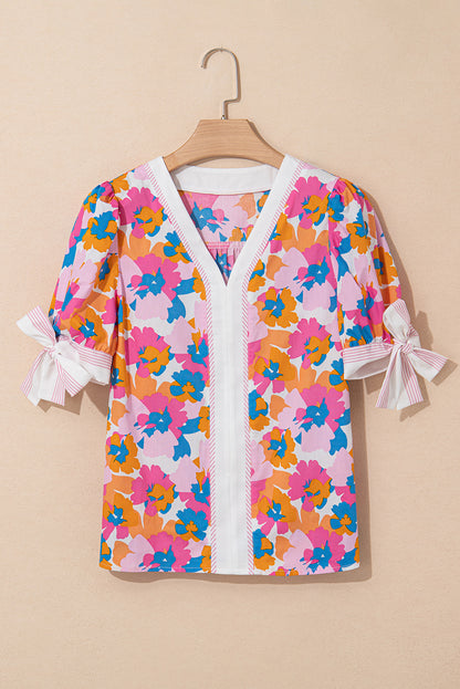 Floral Colorblock Stripe V-Neck Short Sleeve Blouse