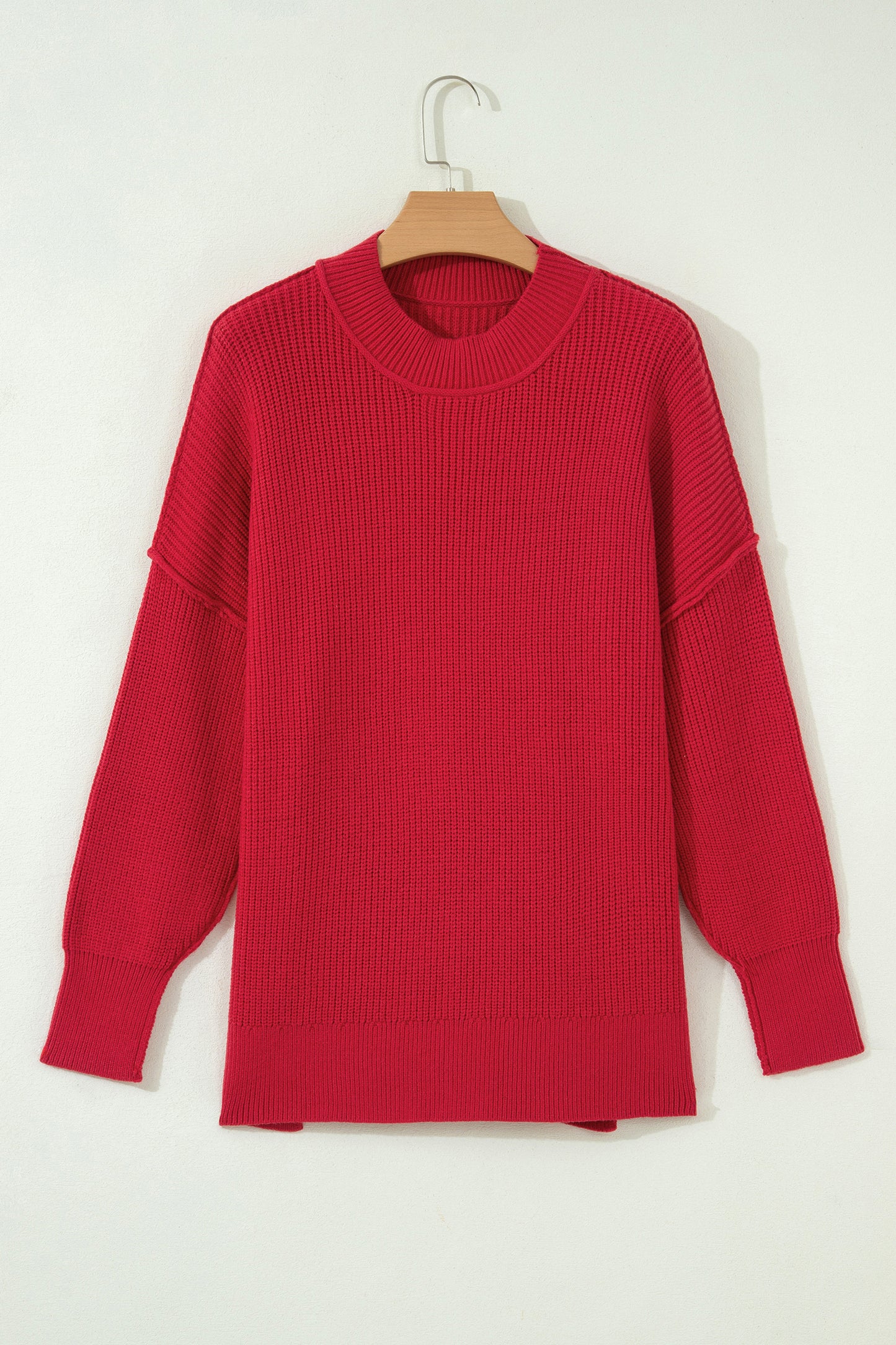 Exposed Hem Drop Shoulder Ribbed Knit Sweater