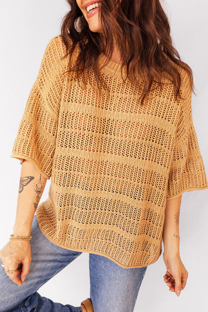 Hollow-Out Openwork Knit 3/4 Sleeve Sweater