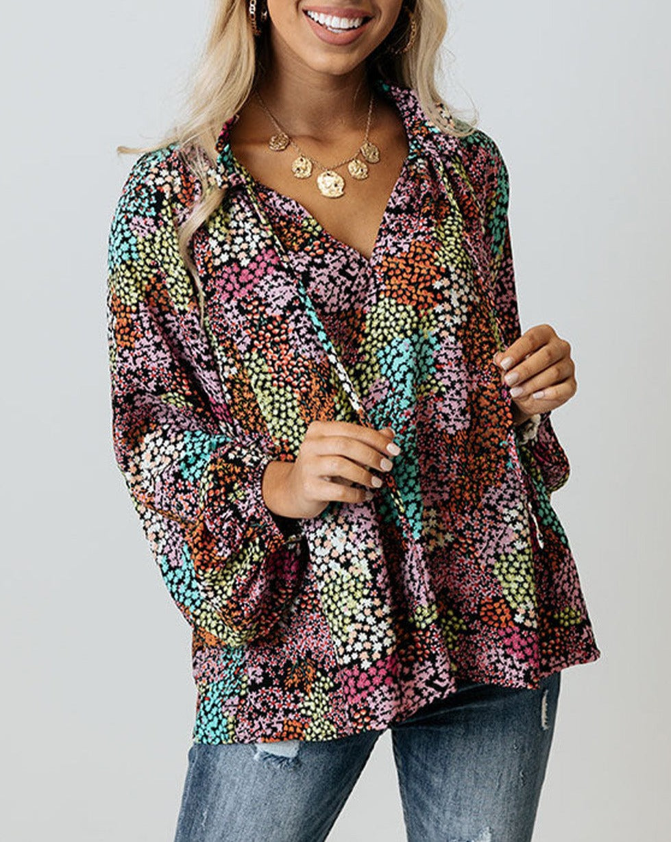 Floral V-Neck Puff Sleeve Blouse