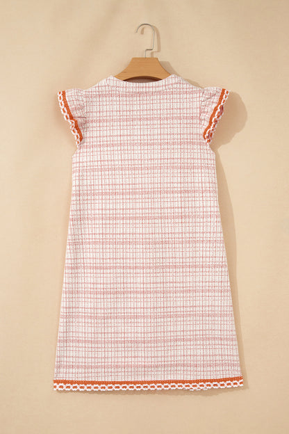 Plaid Textured Contrast Trim Tassel-Tie Mini Dress