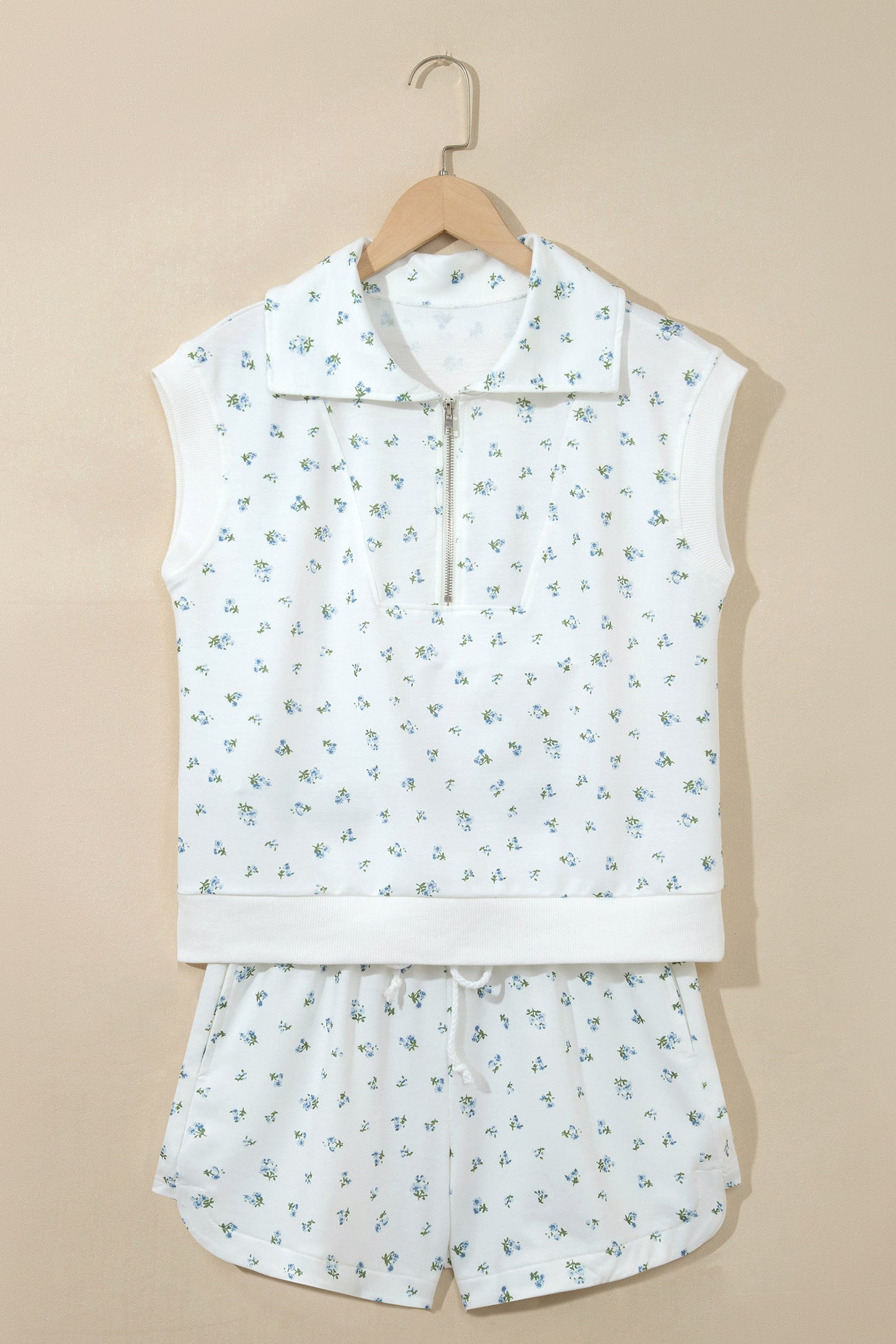 Floral Half Zip Top & Drawstring Shorts Set