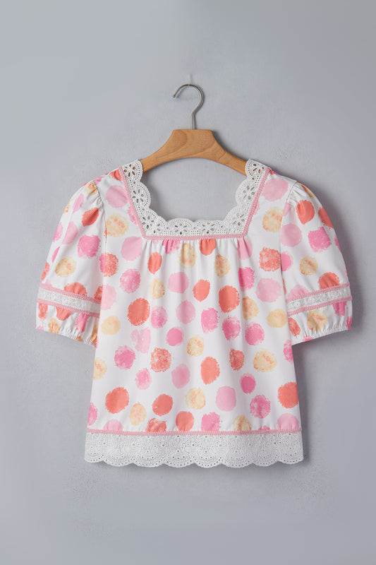 Polka Dot Lace Trim Square Neck Puff Sleeve Blouse