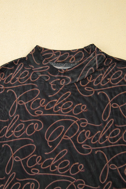 Western Rodeo Mesh Mock Neck Long Sleeve Top