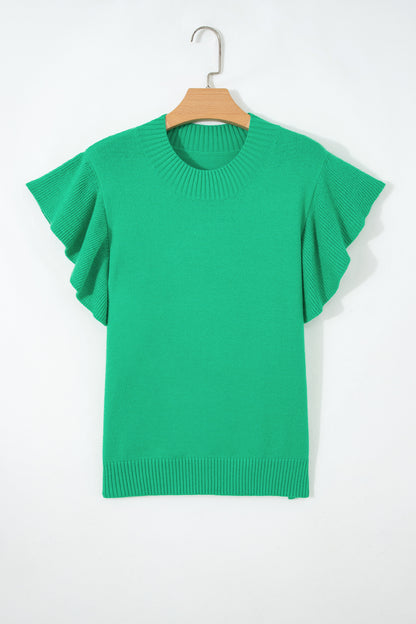Solid Ruffle Sleeve Round Neck Ribbed Sweater