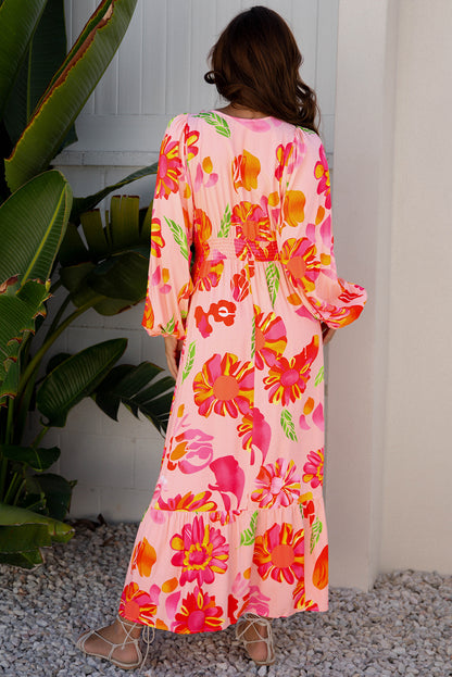 Floral V-Neck Puff Sleeve Maxi Dress