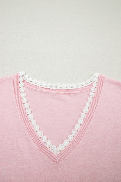 Lacy V-Neckline Short Sleeve Sweater