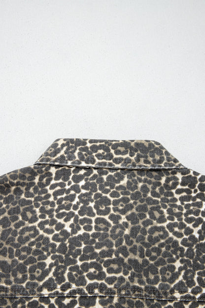 Leopard Denim Short Sleeve Button Up Cropped Shirt