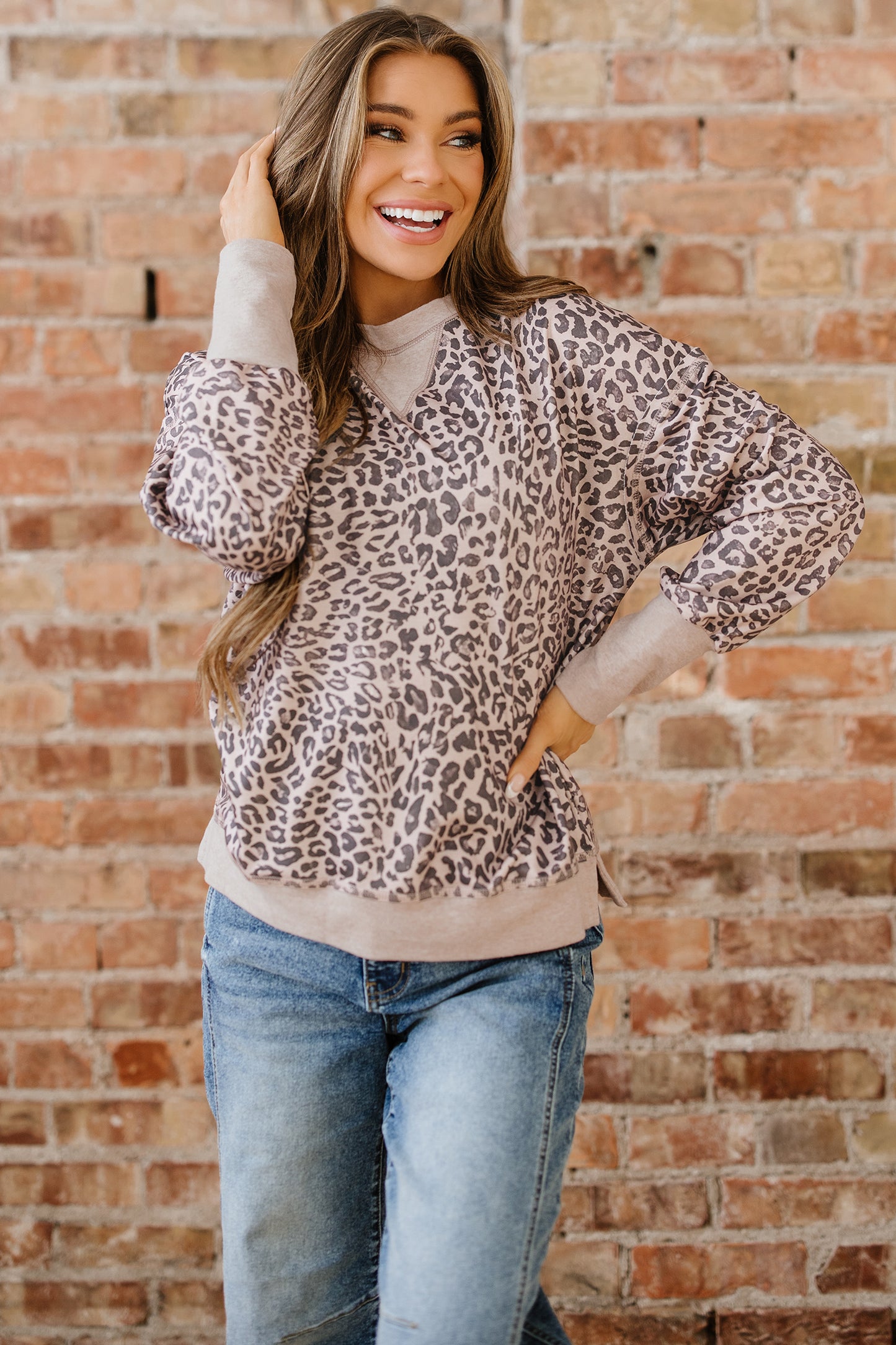 Leopard Patchwork Crew Neck Sweatshirt
