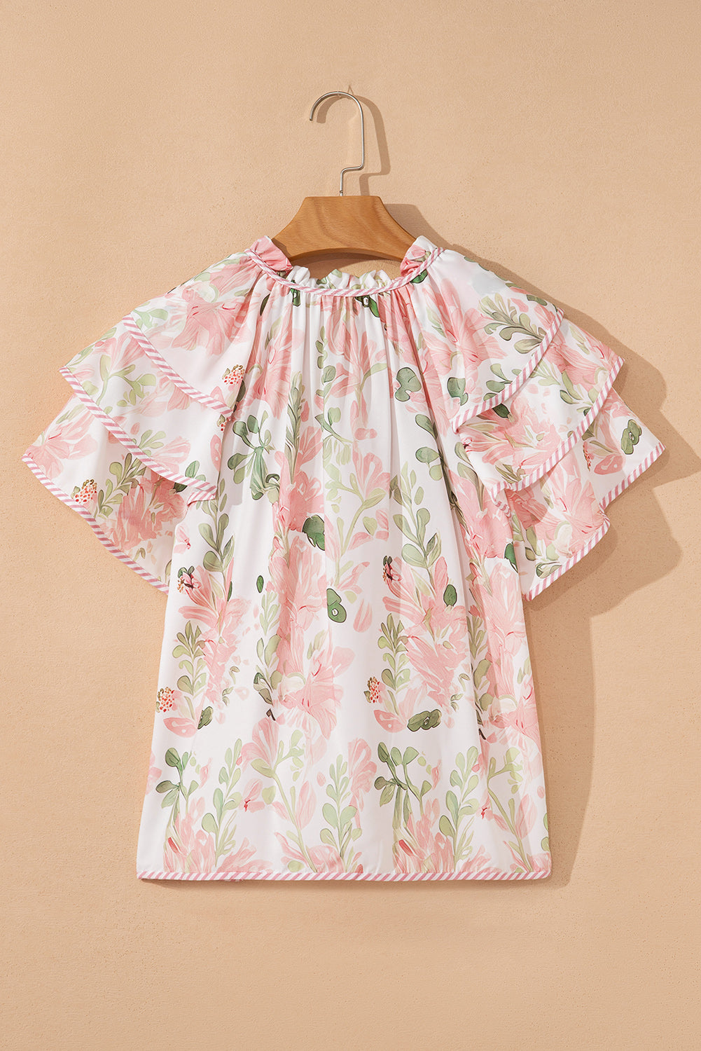 Floral Stripe Tiered Ruffle Sleeve V-Neck Blouse