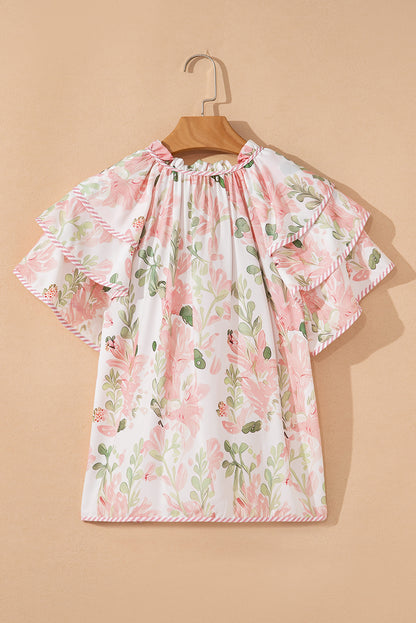 Floral Stripe Tiered Ruffle Sleeve V-Neck Blouse