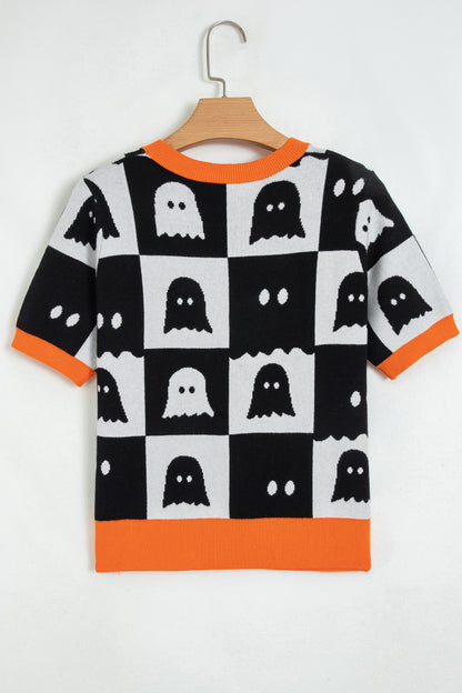 Halloween Ghost Checker Short Sleeve Knit Top