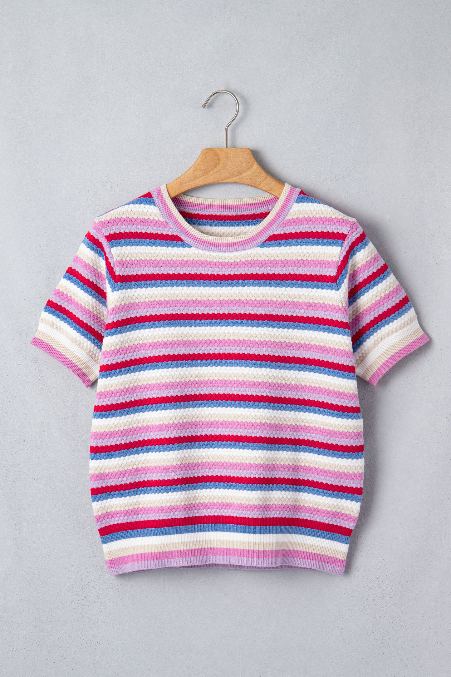 Stripe Textured Knit Short Sleeve Sweater