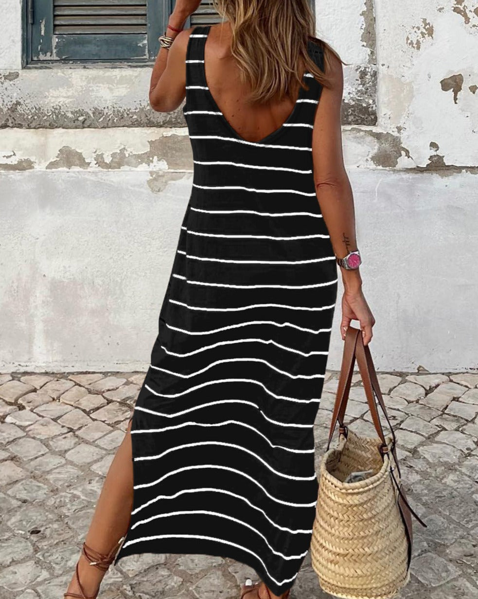 Stripe Open Back Maxi Dress