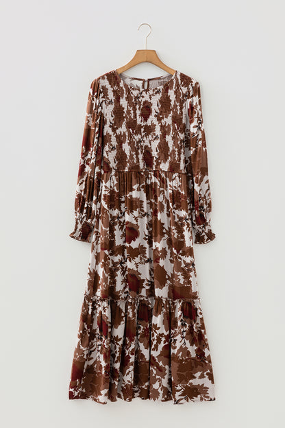 Floral Puff Sleeve Smocked Bodice Ruffle Long Dress