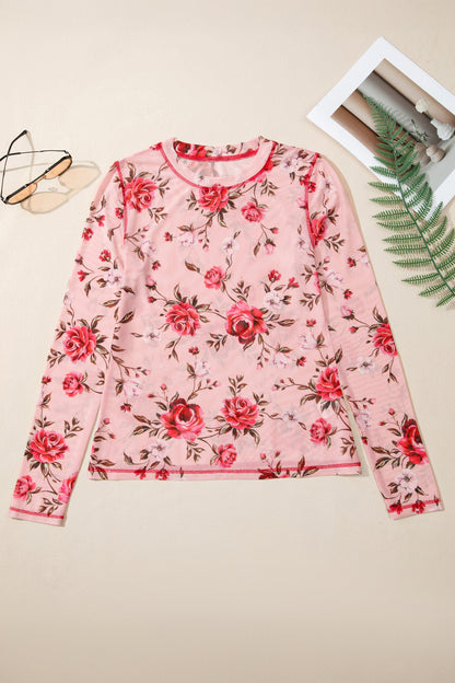 Floral Reverse Seam Mesh Long Sleeve Top