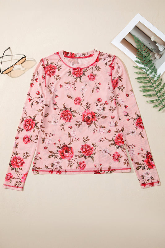 Floral Reverse Seam Mesh Long Sleeve Top