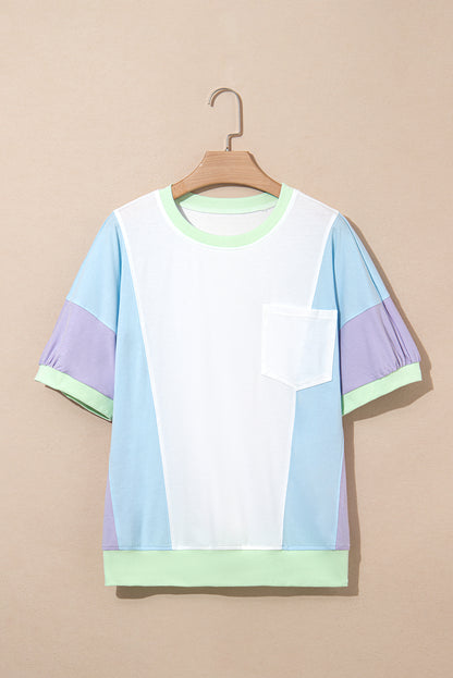 Colorblock Patchwork 3/4 Sleeve Chest Pocket T-Shirt