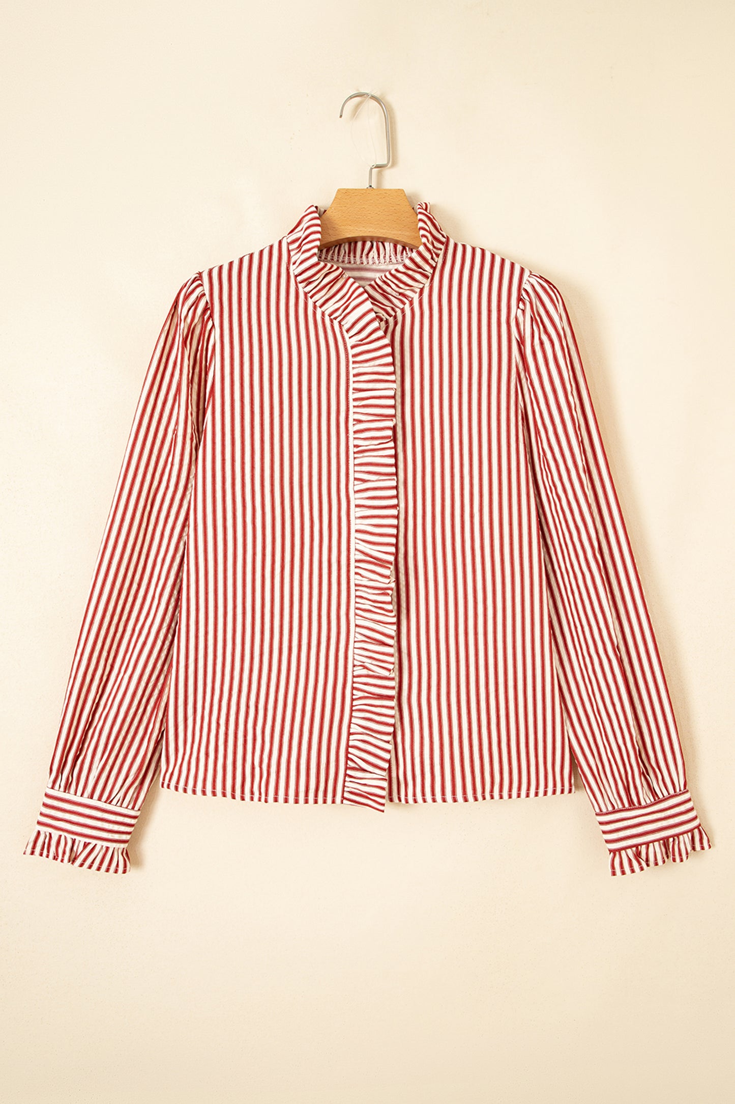 Stripe Textured Ruffle Trim Button-Up Long Sleeve Shirt