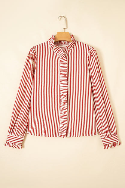 Stripe Textured Ruffle Trim Button-Up Long Sleeve Shirt