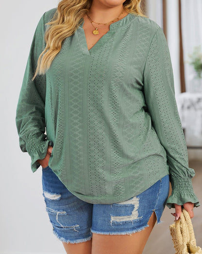 Eyelet Long Sleeve Blouse Plus Size