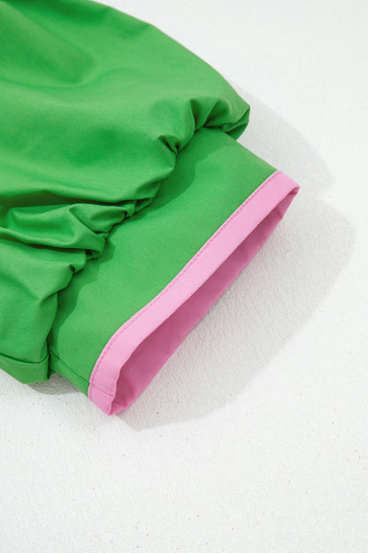 Colorblock Split Neck Puff Sleeve Mini Dress