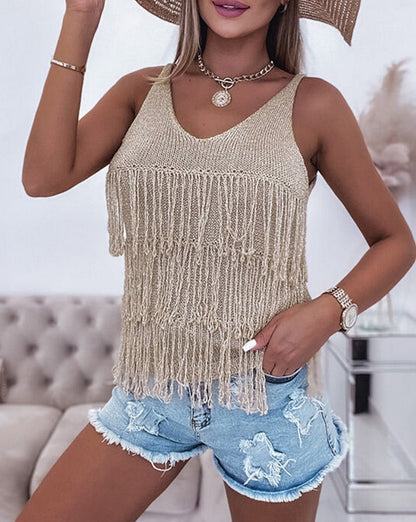 Fringe V-Neck Sleeveless Sweater Top