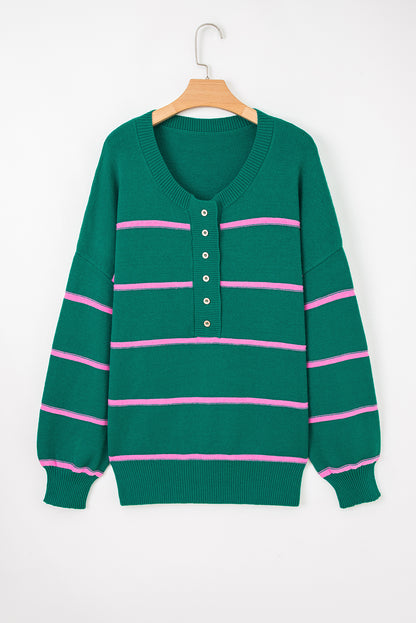 Plus Size Stripe Half Button Drop Shoulder Sweater